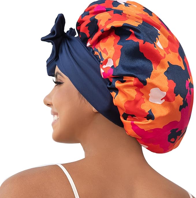 GDTOGRT Satin Silk Bonnet for Sleeping Women, Double Layer Sleep Hair Bonnets Caps for Curly Natural Hair with Tie Band - Blue-Mix