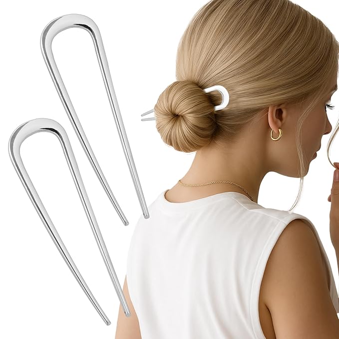 JIRIS 2PCS 4.2Inch French Hair Pins U-Shaped Pins for Women and Girls Fashion Metal Hair Pin French Twist Hair Pins for Buns, Updos,Stylish and Functional(set1-silver)