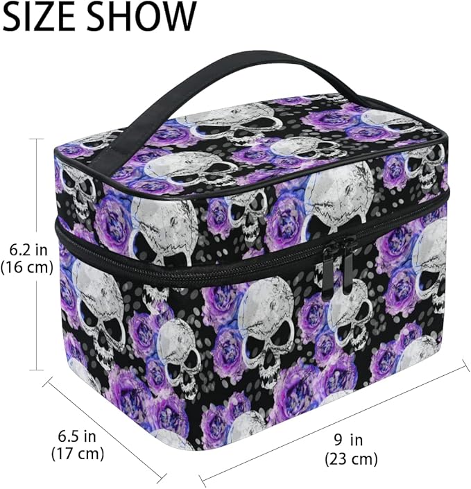 MNSRUU Skull Makeup Bag Purple, Flowers and Skull Gothic Makeup Organizer Bags Toiletry Bag Box Travel Cosmetic Bag Make Up Train Case for Women Teen Girl Ladies