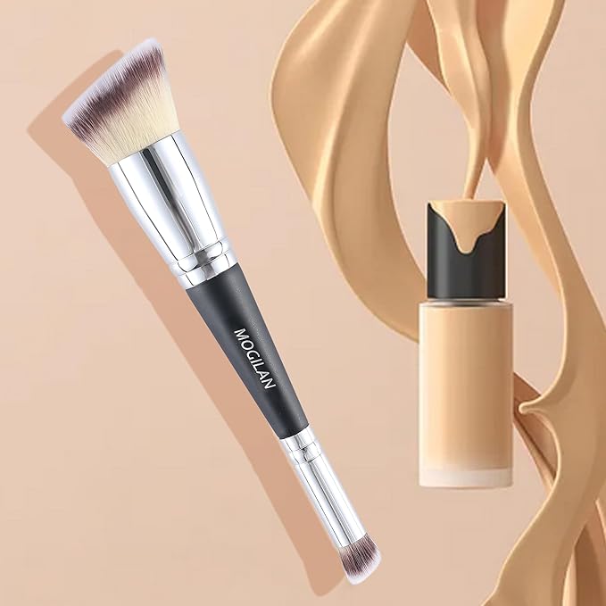 MOGILAN Professional Dual-Ended Makeup Brush - Buff, Blend & Perfect Foundation, Concealer, and Cream Products for Seamless Makeup Application Vegan Face Brush, Black
