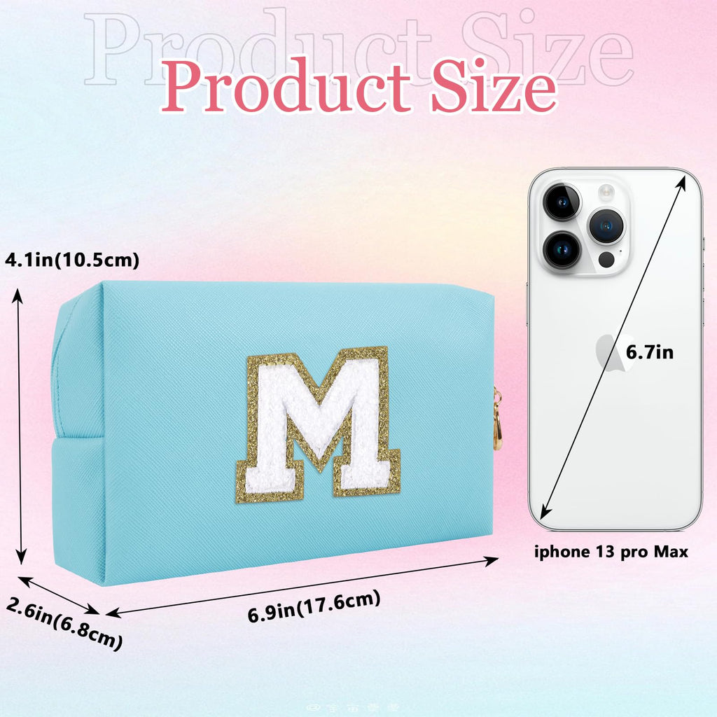 HENGNI Small Personalized Letter Makeup Bag, Cute PU Leather Chenille Letters Cosmetic Bag Travel Makeup Pouch, Preppy Travel Organizer Zipper Pouch for Women&Girls（Blue-M）