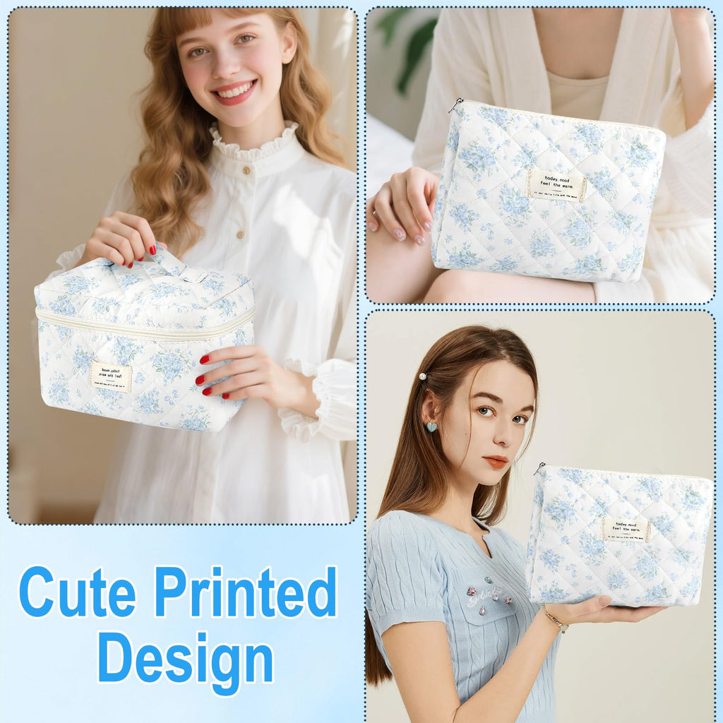 URSKYTOUS 2Pcs Cotton Quilted Makeup Bag for Women Girls Large Small Travel Floral Cosmetic Bags Set Cute Coquette Zipper Makeup Pouch for Purse Aesthetic Cloth Flower Storage Toiletry Bag Organizer