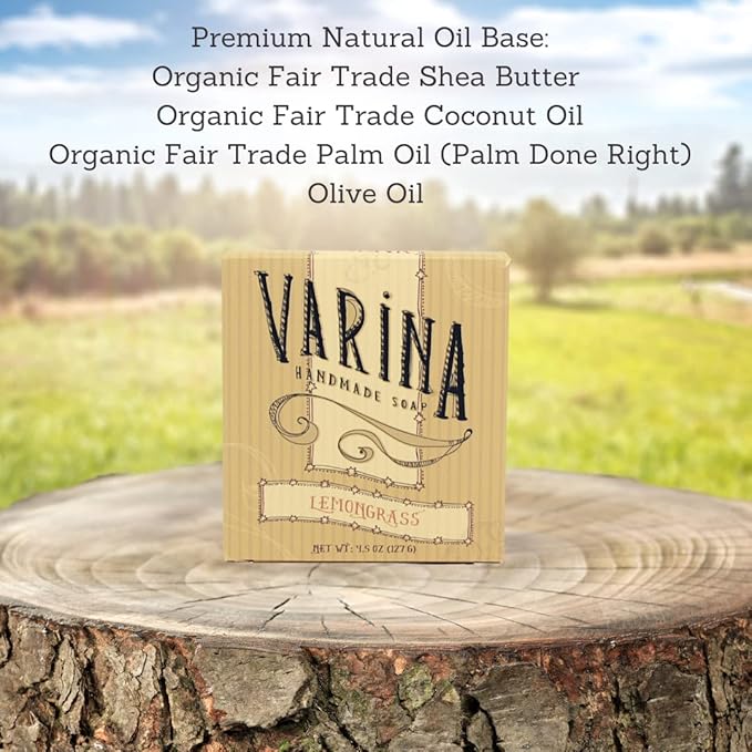 Varina Organic Lemongrass Bar Soap - Gentle Cleansing for Sensitive Skin, Herbal and Mint - 3 Pack