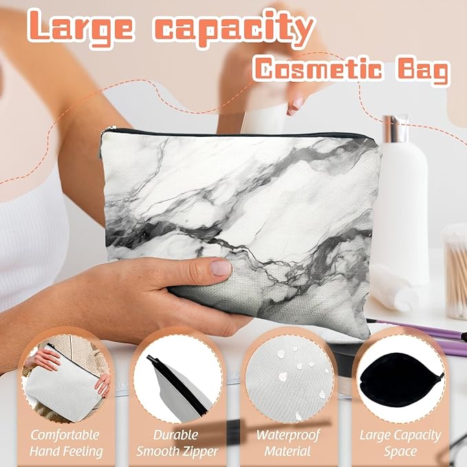 Scribesense Makeup Bag Travel Cosmetic Bags Small Makeup Case Waterproof Zipper Pouch for Women Girls 7X9inches - Bold Black - Veined White Marble