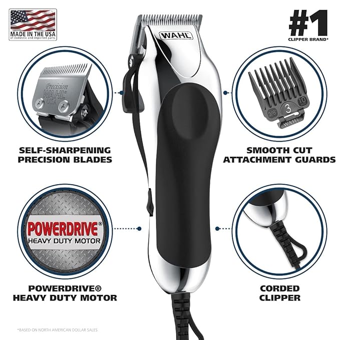 Wahl USA Chrome Pro Corded Clipper Complete Haircutting Kit for Men