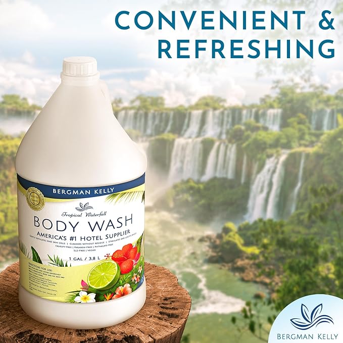 BERGMAN KELLY Refill Gallon Size Body Wash (128 fl oz, Tropical Waterfall Scent), Delight Your Guests with an Invigorating and Refreshing Body Wash, Quality Guest Hotel Toiletries in Bulk, F. 1 Pack