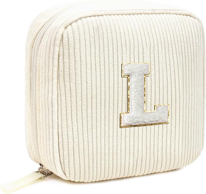 Small Personalized Initial Letter Makeup Bag, Preppy Patch Corduroy Makeup Bags Chenille Travel Toiletry Bag Cute Zipper Pouch Purse for Women Men Makeup Organizer Bag (Letter L, Beige)