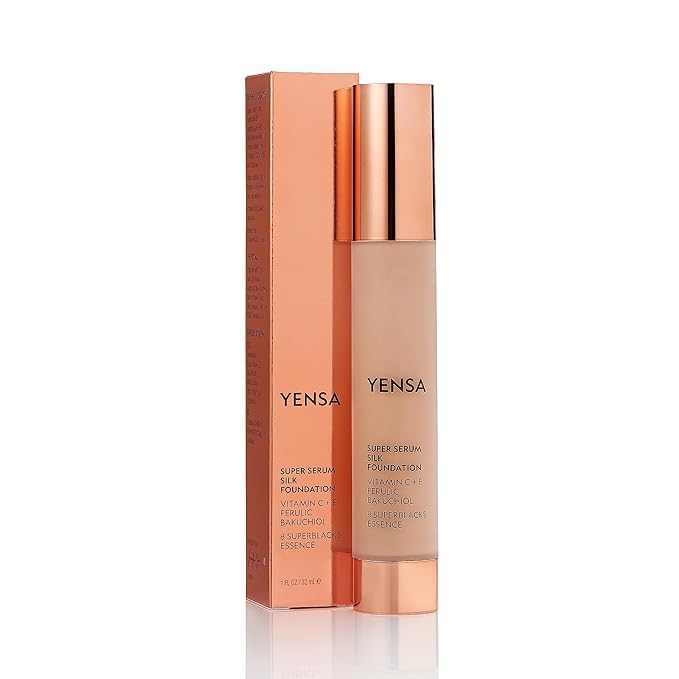 YENSA Serum Foundation Makeup - Super Silk Full Coverage Foundation Enriched with Peptides, Vitamin C & Ferulic Acid to Help Reduce Fine Lines, Wrinkles & Dark Circles - Tan 1 (1 oz)