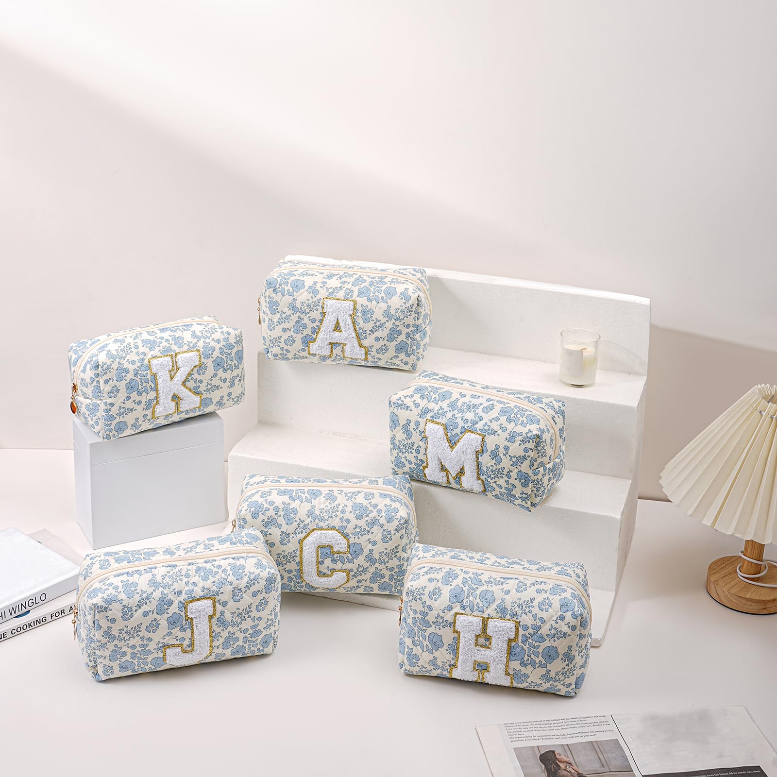 JOVAKIT Alphabet Makeup Bag Cosmetic Bag for Women, Christmas Gifts for Girls Age 6-18, Floral Flowers Coquette Travel Toiletry Zipper Make Up Pouch Organizer Trendy Stuff (Blue Floral R)