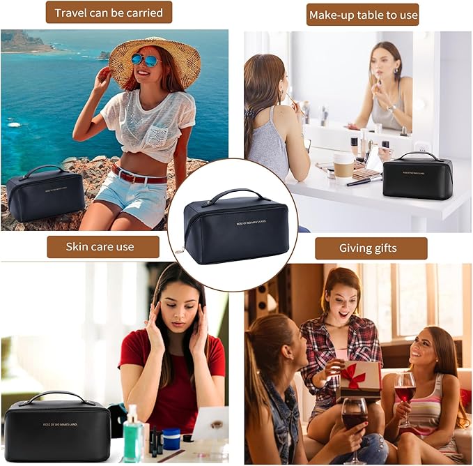 zaleeta 3 Pcs Travel Makeup Bag Portable Large Capacity Cosmetic Bags for Women Open Flat Makeup Case Organizer Bag Set of 3 Waterproof PU Leather Toiletry Bags with Divider and Handle (Black, Medium)