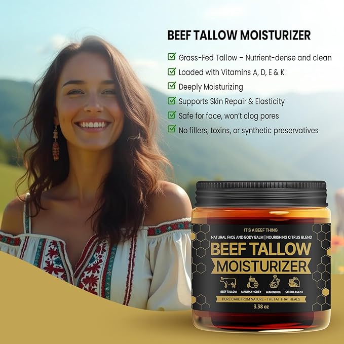 Tallow and Honey Balm for Skin & Face - 100% Grass-Fed Organic Whipped Beef Tallow Moisturizer with Manuka Honey, Sweet Almond Oil & Light Citrus Scent - Deep Barrier Repair & Body Butter (3.38 oz)