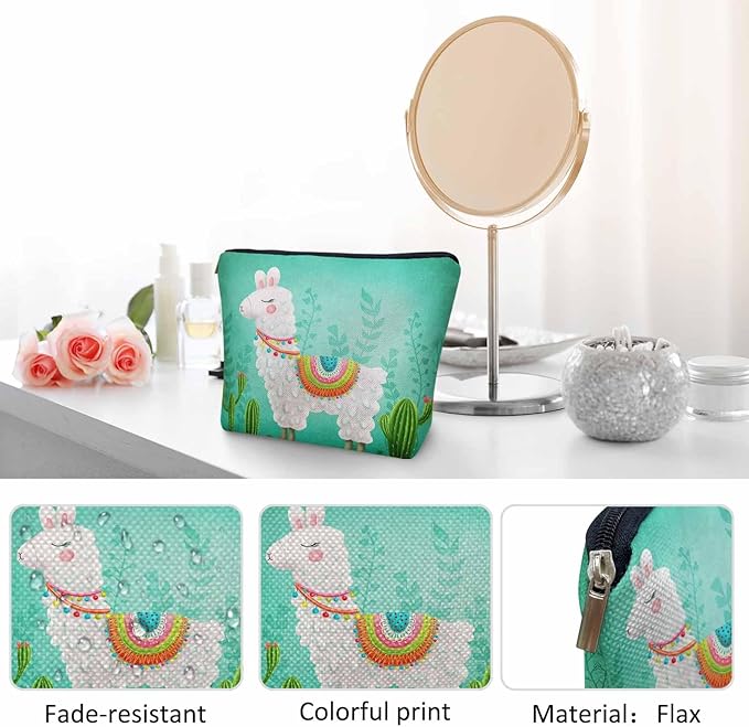 Kalygon Makeup Bag Llama Makeup Bags For Purse Pouch, Funny Llama Alpaca Cactus Floral Green Travel Toiletry Bag Cosmetic Bag Makeup Bags Flax Makeup Organizer Bag Pencil Pouch For Man Woman