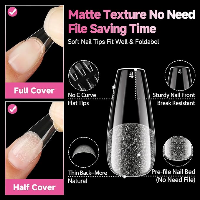 UNA GELLA Medium Coffin Nails Tips 312Pcs Pre-Etched Gel Nail Tips Coffin Press On Nails Clear Full Cover for Nail Extensions & DIY Art Salon at Home, Long Lasting 12 Sizes