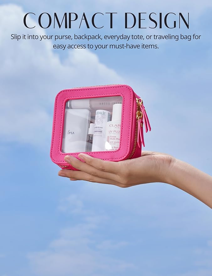Popvibe Mini Makeup Bag Clear Small Travel Cosmetic Case Leather Cute Hot Pink Pouch for Purse Organizer Make Up Bag for Women Car Toiletry Bag with Zipper for School