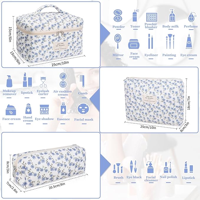 Gosect Makeup Bag Set, Quilted Makeup Bag, Large Floral Cosmetic Bag for Women, Cute Cotton Makeup Bags, Flower Travel Toiletry Organizer Bag (Blue Peacock Flower)