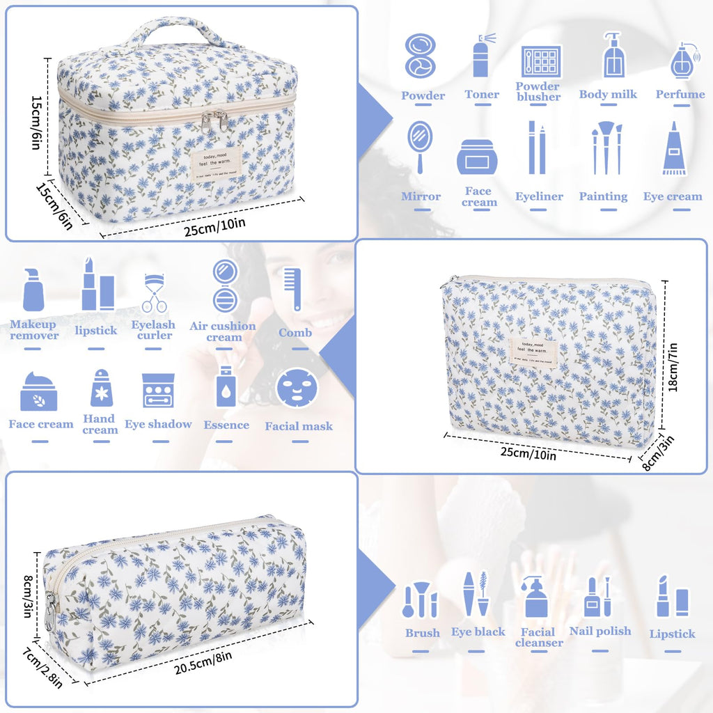 Gosect Makeup Bag Set, Quilted Makeup Bag, Large Floral Cosmetic Bag for Women, Cute Cotton Makeup Bags, Flower Travel Toiletry Organizer Bag (Blue Peacock Flower)