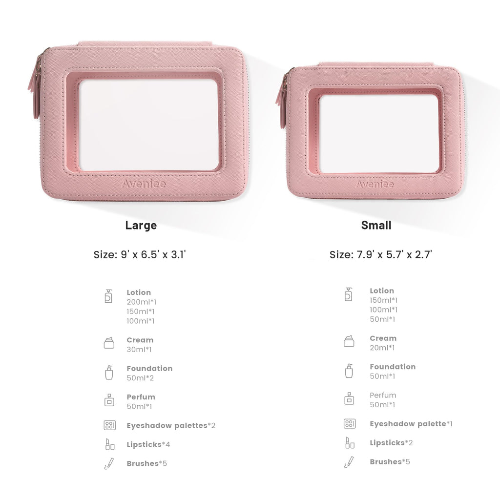 Aveniee Clear Makeup Bag Organizer Set,Portable Travel Toiletry Case for Women, Vegan Leather Cosmetic Pouch Car Bag for Essentials 2pcs,Middle & Large,Pink