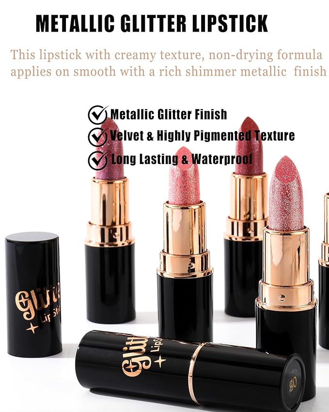 Metallic Glitter Lipstick Set Long Lasting,3 Pcs Diamond Shimmer Lip Gloss Nude Pink Rose Pink Red Matte Lip Stick for Women,Sparkling Shiny Transfer Proof Non Stick Tinted Lip Balm Color Makeup-Set B