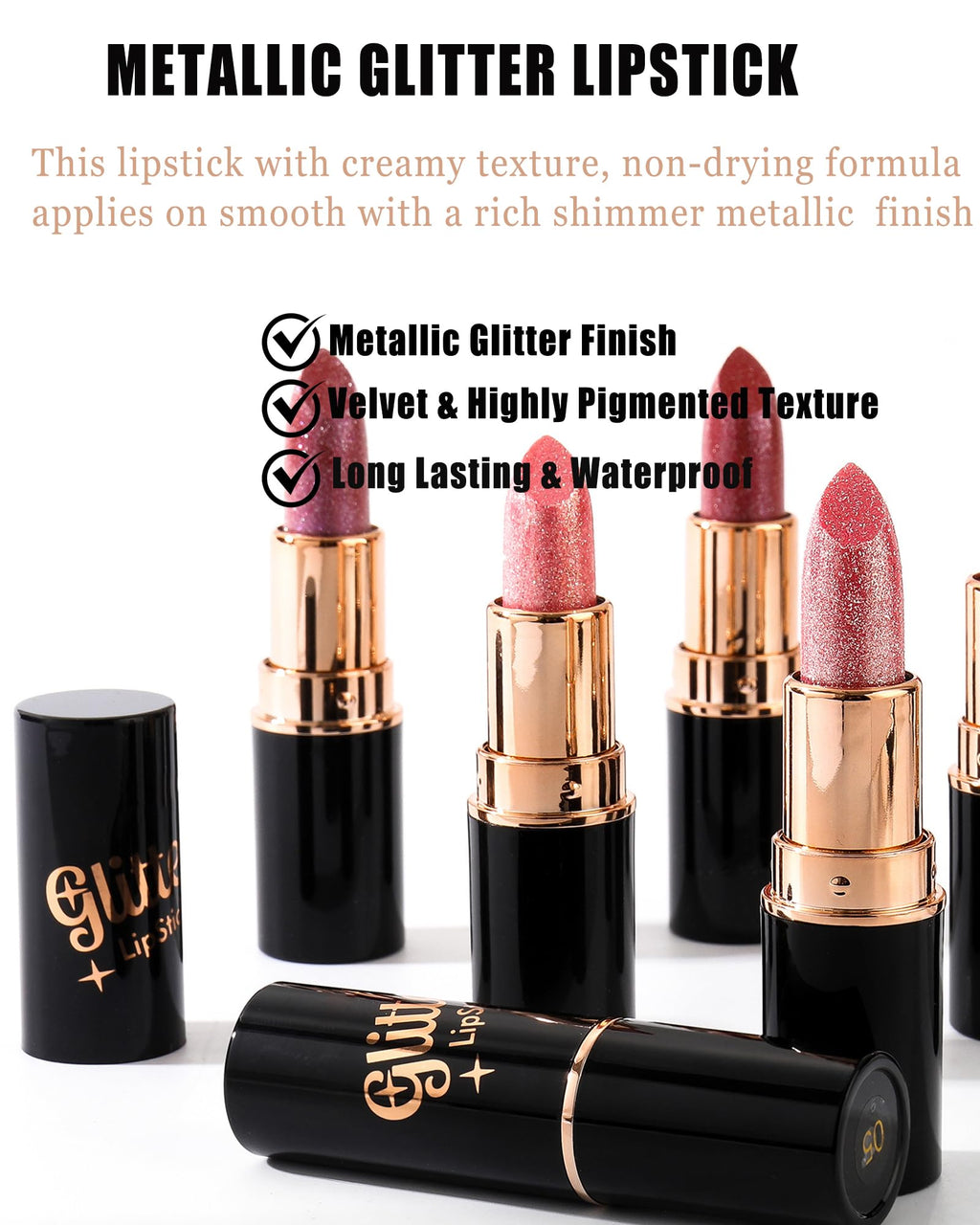 Rose Pink Metallic Glitter Lipstick Long Lasting,Diamond Nude Shimmer Lip Gloss High Pigment Lip Red Color Matte Lip Stick for Women,Sparkling Shiny Transfer Proof Non Stick Tinted Lip Balm Makeup-03