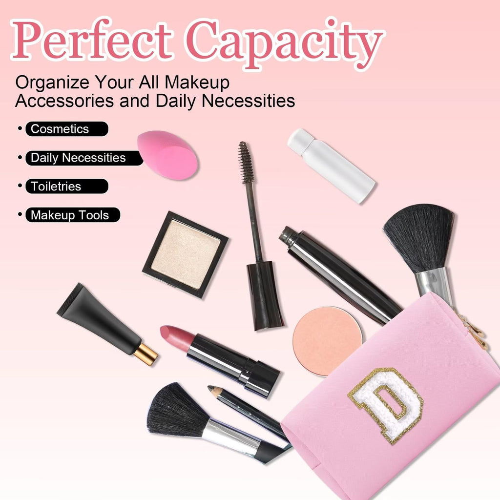 Small Personalized Letter Makeup Bag, Cute PU Leather Chenille Letters Cosmetic Bag Travel Makeup Pouch, Preppy Travel Organizer Zipper Pouch for Women&Girls（Pink-D）