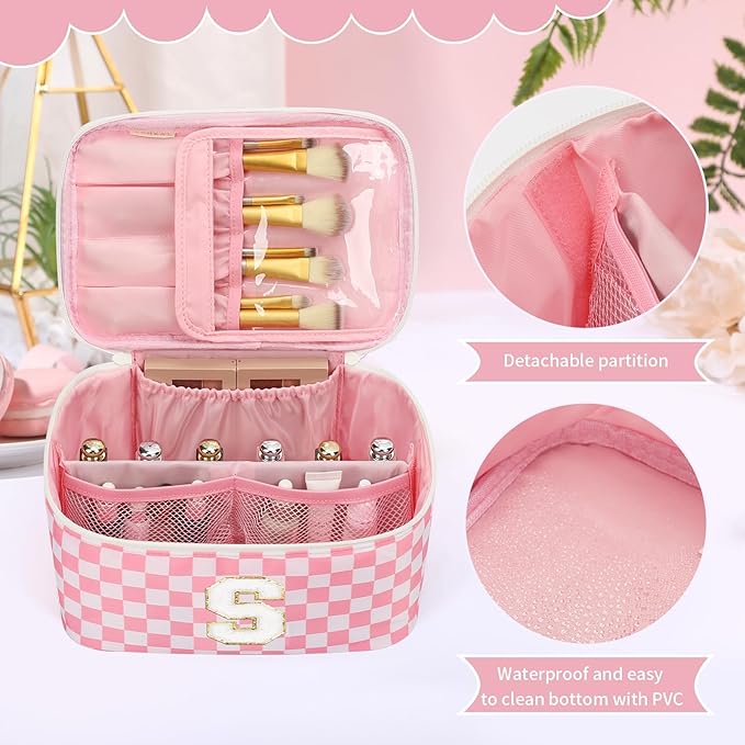 OCHEAL Makeup Bag for Women, Monogram Cosmetic Bag Pink Travel Makeup Case Beauty Toiletry Bag Organizer Personalized Gifts for Girls Bridesmaid, Sister, Wife, Friends Initial S