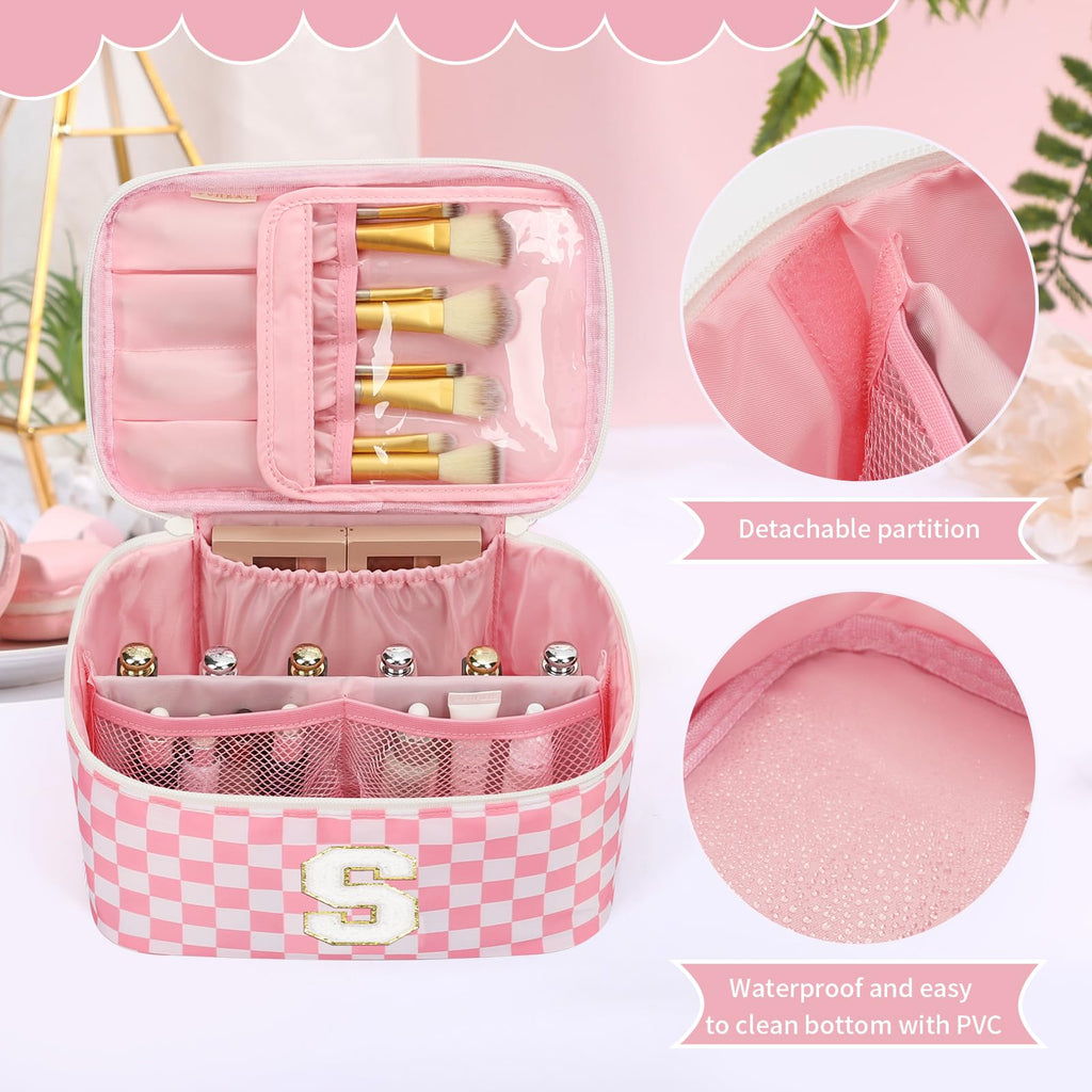 OCHEAL Makeup Bag for Women, Monogram Cosmetic Bag Pink Travel Makeup Case Beauty Toiletry Bag Organizer Personalized Gifts for Girls Bridesmaid, Sister, Wife, Friends Initial S