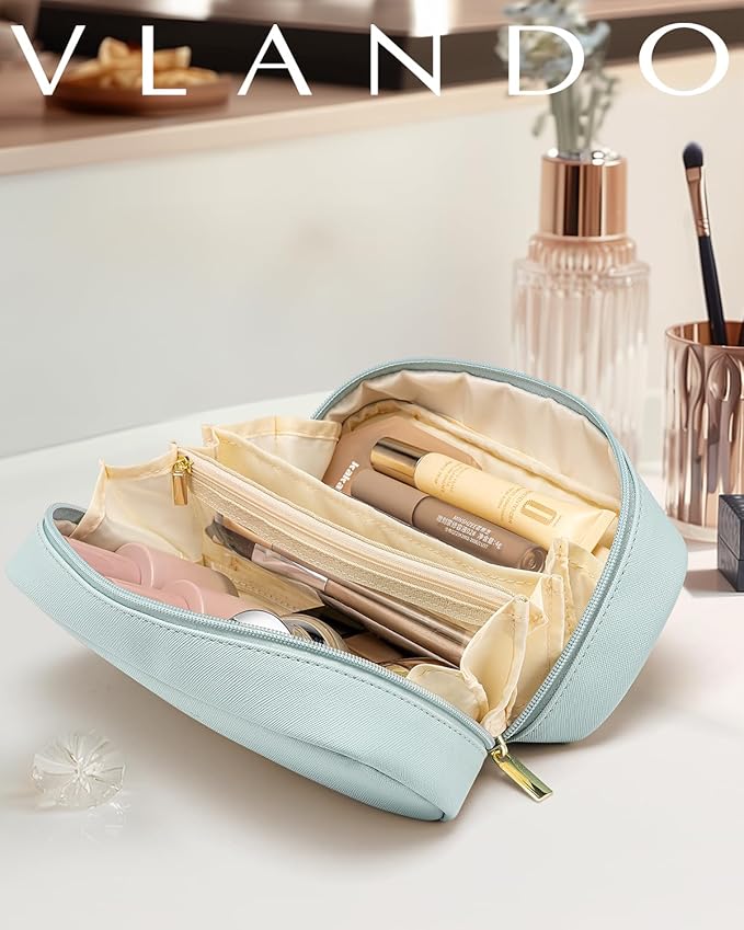 VLANDO Travel Makeup Bag with Separate Pocket for Beauty Tools,Blue