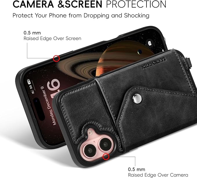 LUCKYCOIN Crossbody Phone Case for iPhone 16,100% Genuine Leather Phone Wallet Case for Women, Fashion Premium Hands-Free Phone Purse with Expandable Flip Card Holder & Adjustable Strap - Retro Black