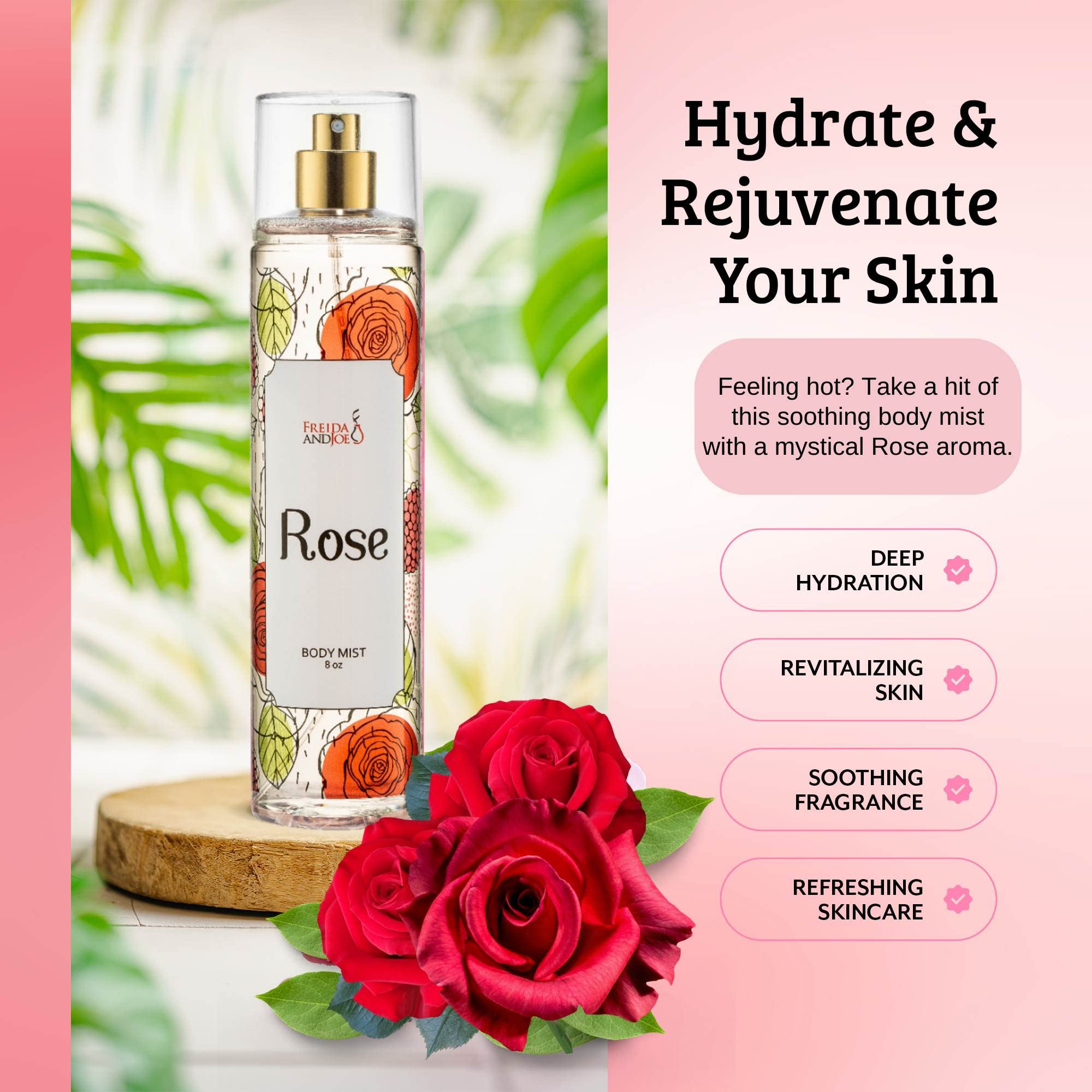 Freida and Joe Rose Elegance Fine Fragrance Body Mist Spray Capturing Timeless Allure of Blooming Roses, 8 oz Spray Bottle Ideal for Gifting, Stocking Stuffer – Mother's Day Gift for Mom