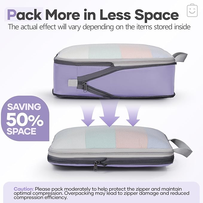 Veken 9/11 Set Compression Packing Cubes Garment Bags for Travel Essentials,Compressible Expandable Luggage Organizer Bags for Clothing,Space Saver Bags with Over 1000 pcs of Mesh Holes(Purple Gray)