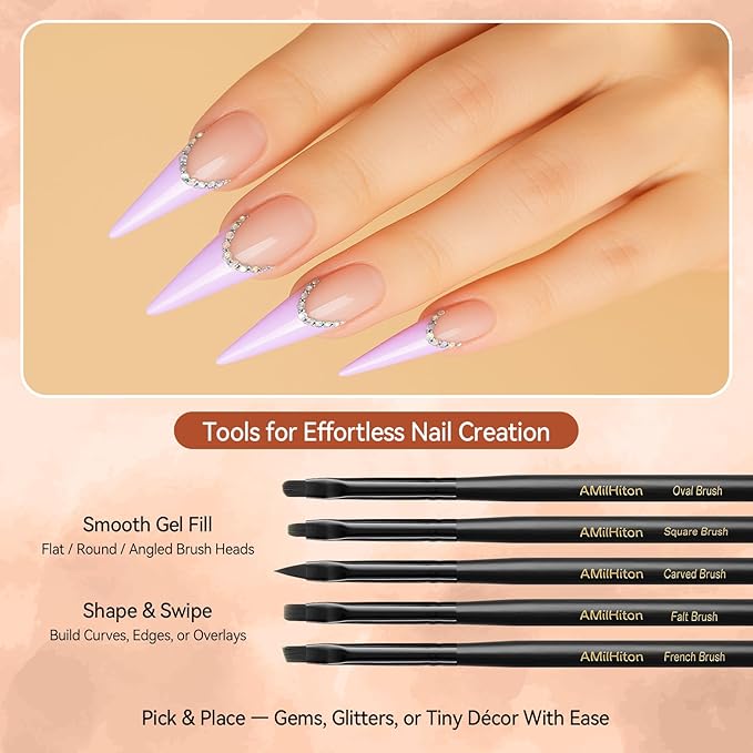 AMilliHiton 8PCS Nail Art Brush Set for Gel Polish & French Tips, Black Wood