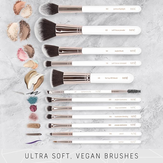 Niré Beauty Travel Makeup Brush Set with Case, 15 Piece, White