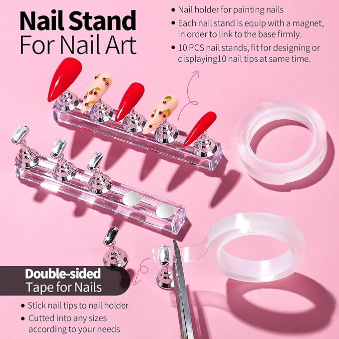 FANDAMEI Nail Art Tools, Nail Design Tools, Nail Art Brushes, Nail Brush Set With Nail Stand, Nail Holder For Painting Nails, 11PCS Nail Brushes For Nail Art, Nail Dotting Tool, Nail Art Palette, Pink