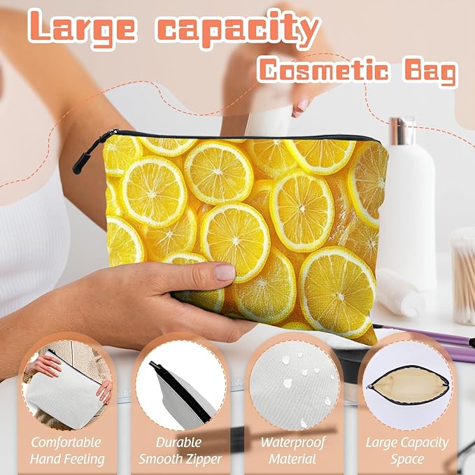 Scribesense Cosmetic Bags Travel Makeup Toilet Case Waterproof Pouch for Women Girls 6.7X9.45inches - Arrangement of Lemon Slices in A Bright Yellow