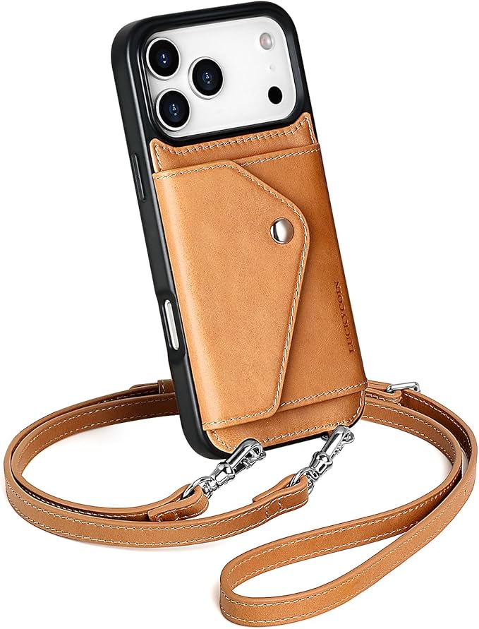 LUCKYCOIN Crossbody Phone Case for iPhone 17 Pro Max, 100% Genuine Leather Phone Wallet Case for Women, Premium Hands-Free Phone Purse with Expandable Flip Card Holder & Adjustable Strap - Retro Tan