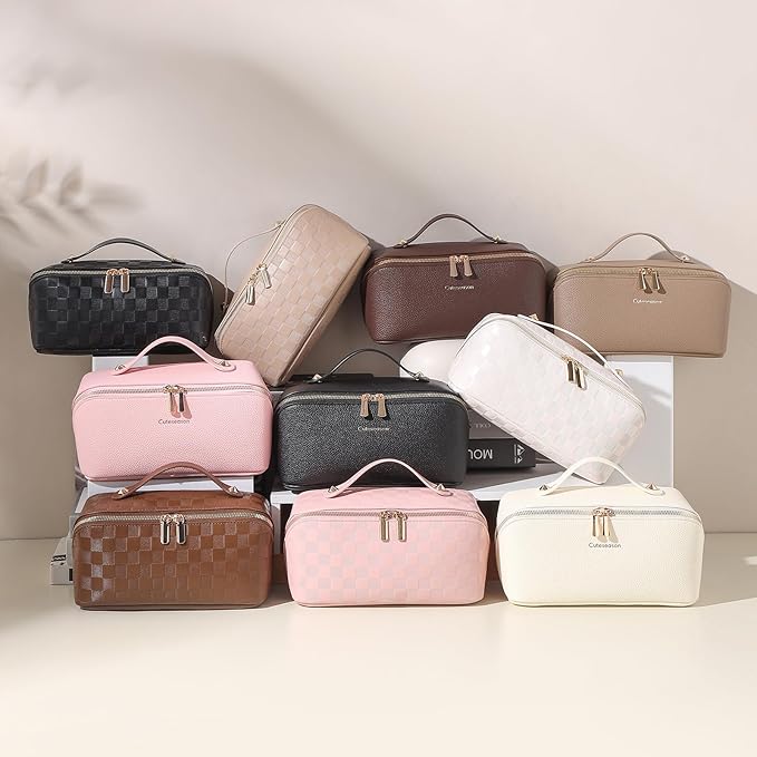 Travel Makeup Bag Travel Toiletry Bag Waterproof PU Leather Checkered Makeup Organizer Bag Woman Cosmetic Organizer Bag With Headband and Wristband Set(Black, Checkerboard pattern)