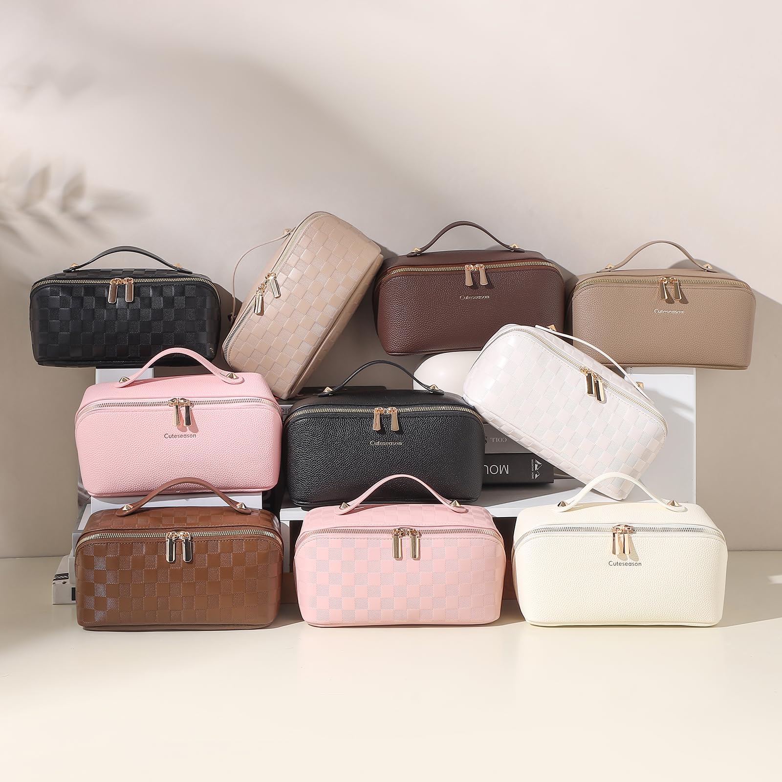Cuteseason PU Leather Makeup Bag for Women, Structured Makeup Case with Wide Opening, Travel Cosmetic Bag with Compartments and Handle, Water-Resistant Makeup Organizer(White Checkered Grain)