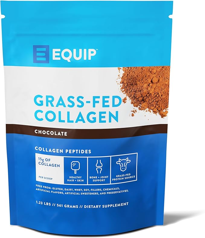 Equip Foods Grass Fed Collagen Powder -100% Hydrolyzed Bovine Collagen Peptides with Amino Acids - Prime Beef Collagen for Healthy Joints, Skin & Nails - Non-GMO, Paleo Friendly, 1.23 Pound, Chocolate