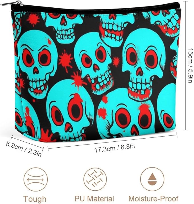 Meaudiwes Women's Fashion Zipper Cosmetic Case, Portable Makeup Case, Personality Toiletry Bag, Travel Cosmetic Toiletry Bag Halloween Cool Red Blood Zombie Skull