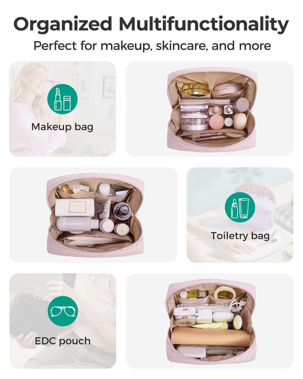 BAGSMART Puffy Makeup Bag, Wide Opening Cosmetic Organizer, Soft Water-Resistant Travel Toiletry Pouch for Women for Purse, Compact & Spacious