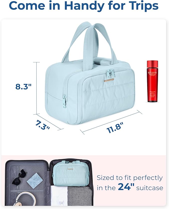 BAGSMART Travel Toiletry Bag, Crush Toiletry Bag for Women, Wide-open Puffy Toiletry Bags for Traveling, Large Travel Cosmetic Makeup Bag Organizer for Accessories,Toiletrie, Blue