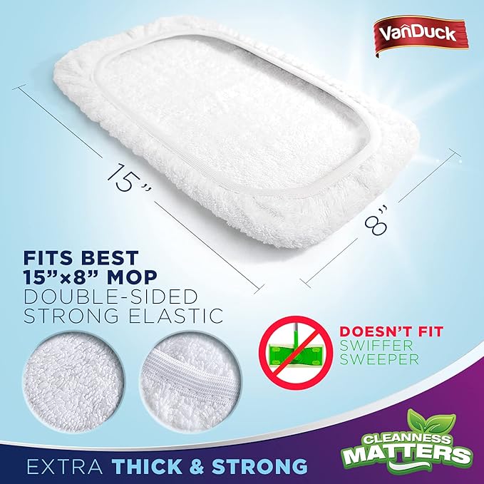 VanDuck 100% Cotton Terry Mop Pads 15x8 Inches, 6-Pack (Mop Not Included)