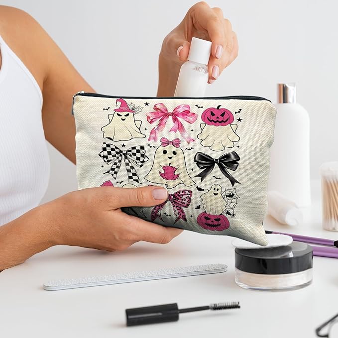 RYYCDOI Coquette Bow Ghost Cosmetic Bags: Cute Halloween Gifts for Women, Horror & Spooky Makeup Bags
