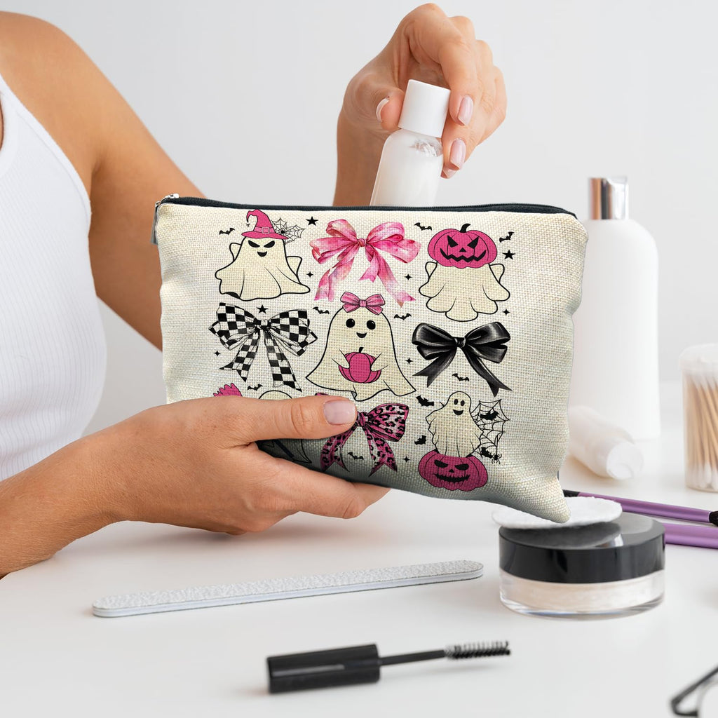 RYYCDOI Coquette Bow Ghost Cosmetic Bags: Cute Halloween Gifts for Women, Horror & Spooky Makeup Bags