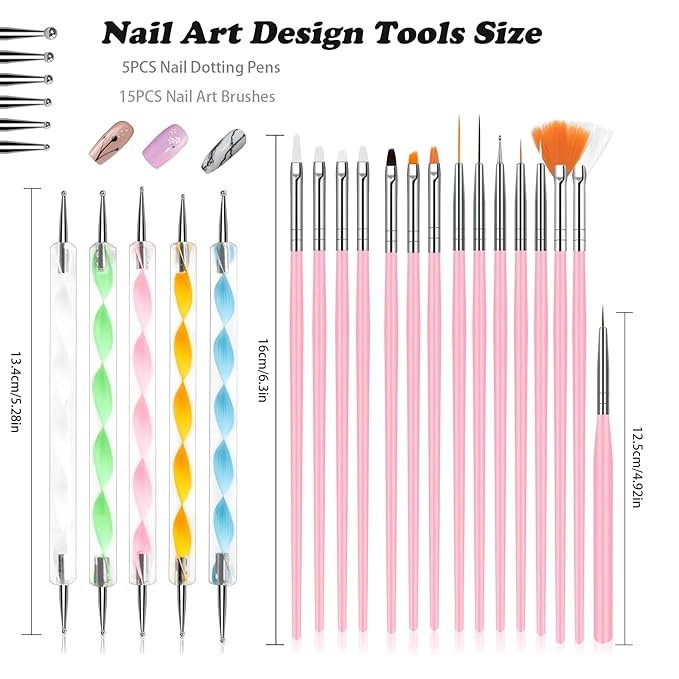 Whmeolyo 20Pcs Nail Art Brushes Tool Set, Nail Art Double-End Tools, Nail Liner Brushes, Silicone Pen Dotting Pen Tools Nail Art Kit for Home Nail Art DIY Salon Use-Pink