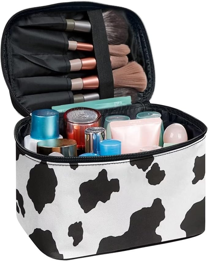 Drydeepin White Black Cow Cowhide Cute Print Portable Makeup Bags for Women Large Capacity Cosmetic Organizer and Storage Pouch with Zipper and Handle Travel Toiletry Accessories