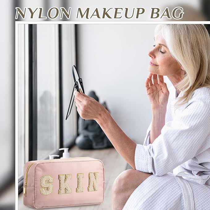 Cunno Preppy Makeup Bags Chenille Letter Stuff Bag Nylon Cosmetic Pouch Cases with Zipper for Women Travel Toiletry(Apricot Color,Classic,4 Pcs)