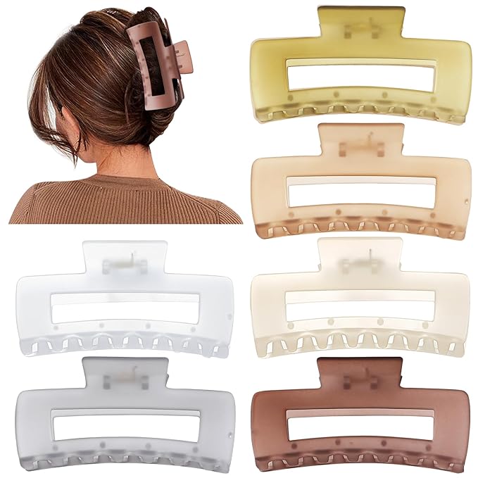 Sisiaipu 4 Inch Big Hair Claw Clips 6 Pcs Large Claw for Thick Hair Square Hair Clips for Women Rectangle Hair Clips Nonslip Acrylic Banana Jaw Clips Hair Accessories for Girls (Tea)