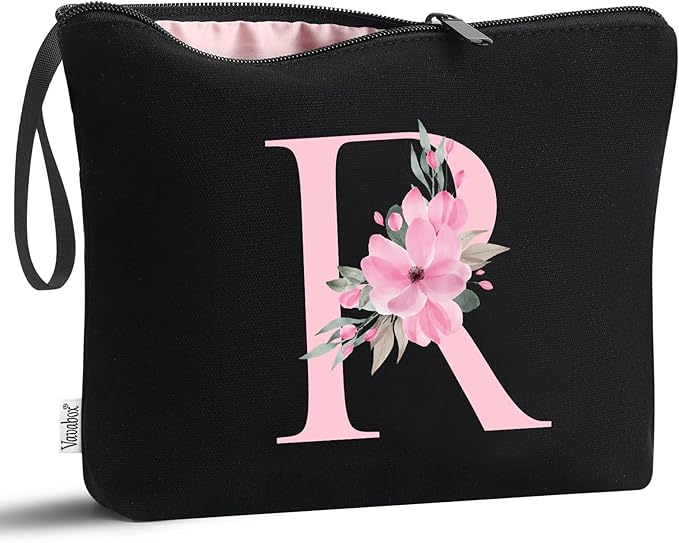 Vavabox A-Z Personalized Makeup Bag, Birthday Gifts for Women Mom, Gifts for Best Friend, Bride Bridesmaid Cosmetic bag (R, 02-Black)