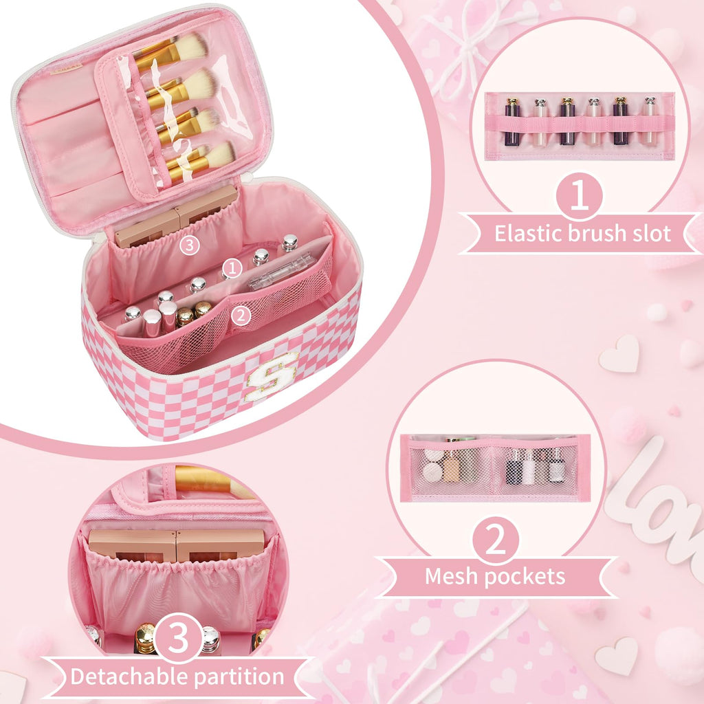 OCHEAL Makeup Bag for Women, Monogram Cosmetic Bag Pink Travel Makeup Case Beauty Toiletry Bag Organizer Personalized Gifts for Girls Bridesmaid, Sister, Wife, Friends Initial S